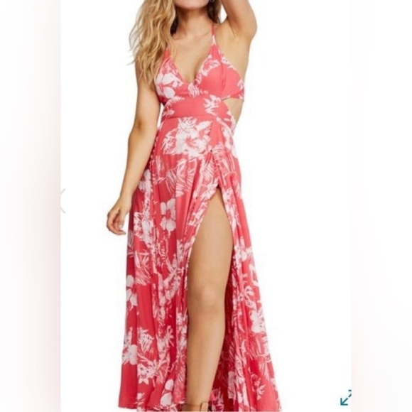 Free People Dresses & Skirts - Free People Floral Red Maxi Dress with Slit Size XS